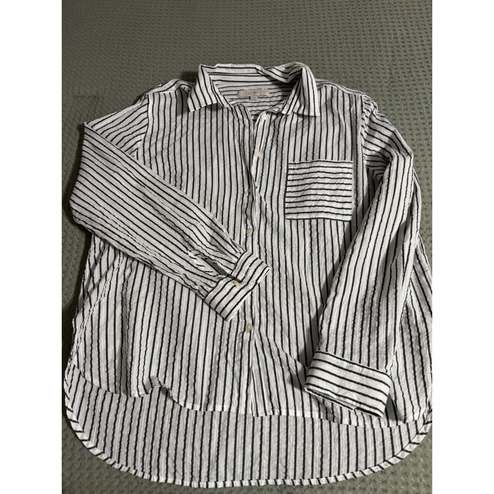 Loft Navy Gray White Striped Button Down Shirt Long Sleeve High Low Hem Large